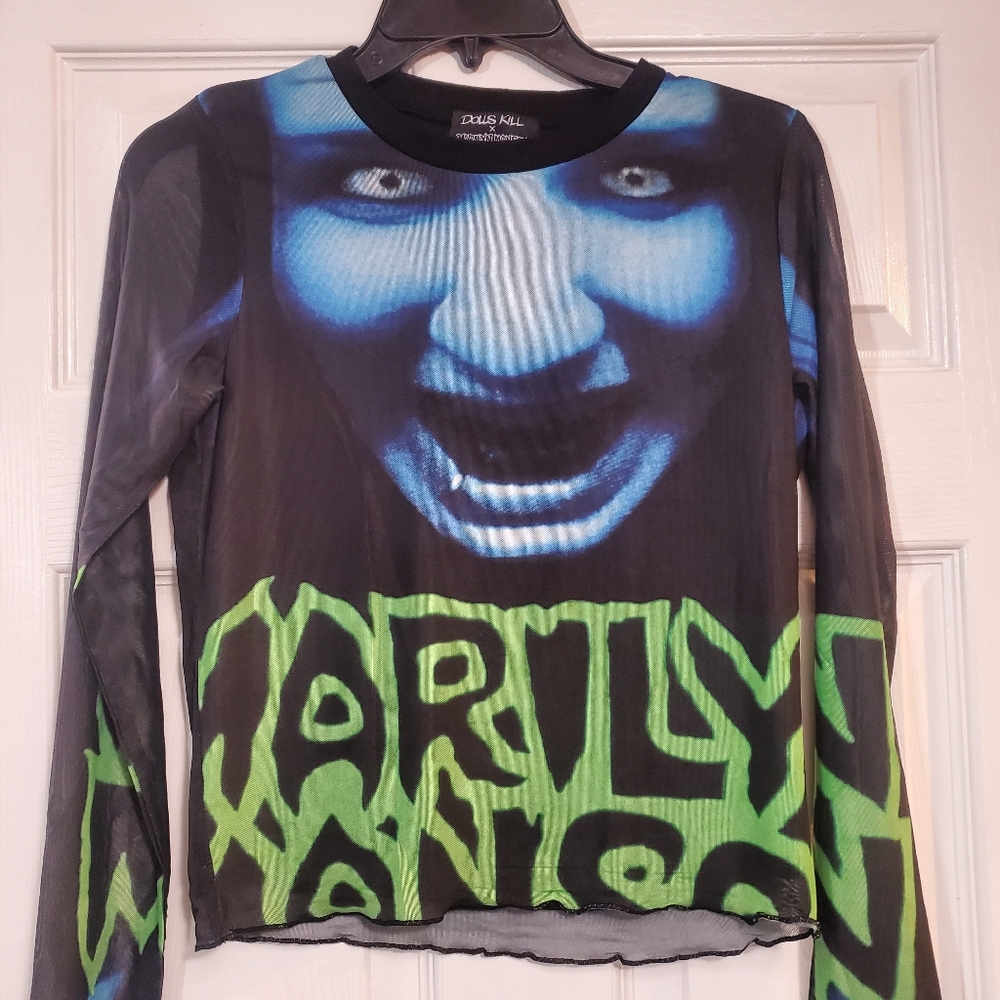 Dolls Kill Marilyn Manson Face Long Sleeve Mesh Top